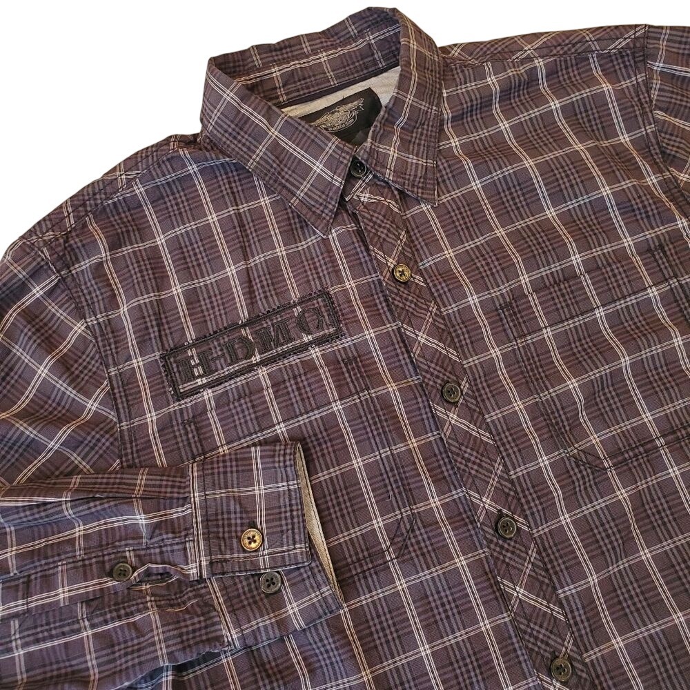 Harley-Davidson Long Sleeve Button Down‎ Shirt Black Gray Plaid Men's Size Large